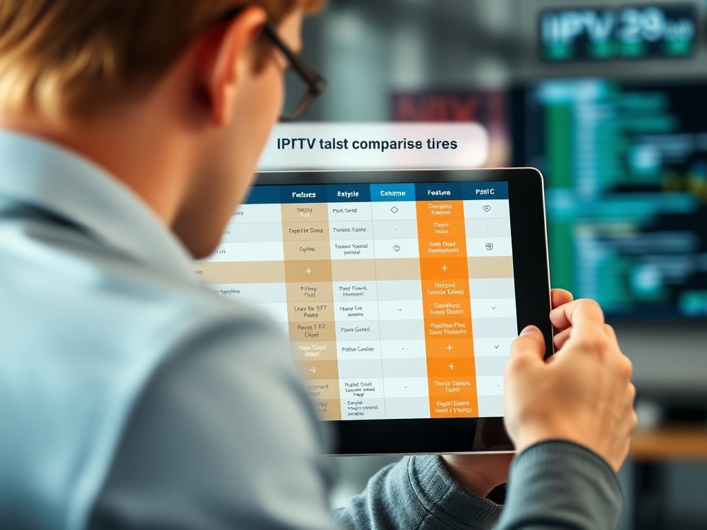 A person reviewing different service packages from wholesale IPTV suppliers on a tablet, with charts and data overlays.