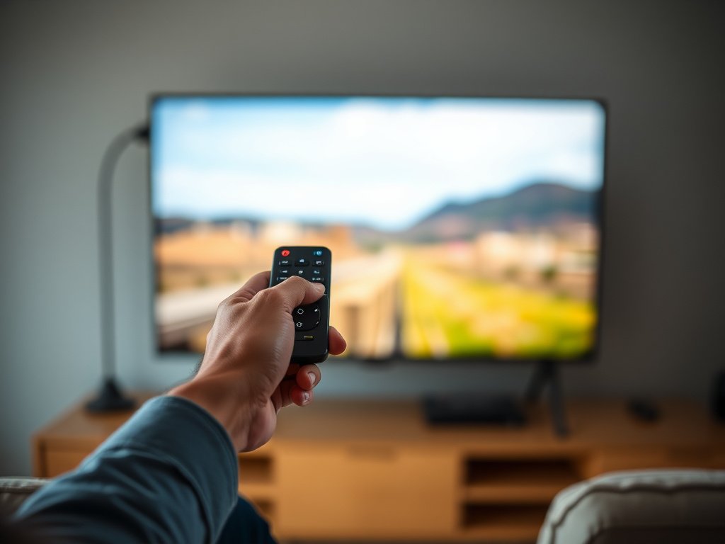 Person watching TV with a remote control