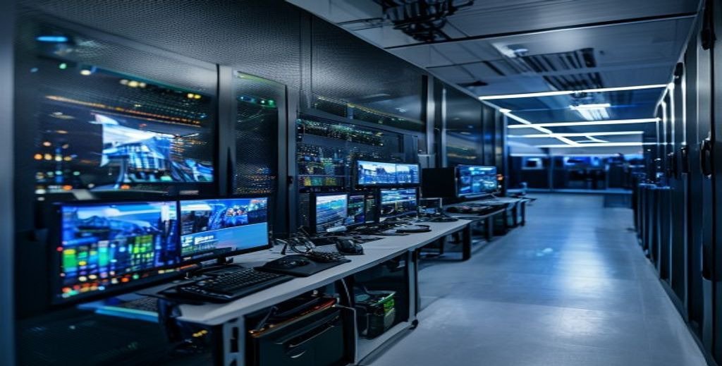 Wholesale IPTV Suppliers server room with multiple screens showing streaming content